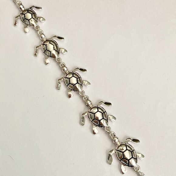Silver Sea Life Turtle Charm Bracelet Beach Island 7.5" Plated Toggle Clasp - - Picture 6 of 12